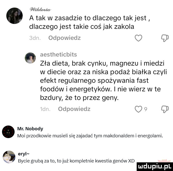 wik mm a tak w zasadzie to dlaczego tak jest dlaczegojest takie cośjak zakola odpovvieclz o q acslhcllcbits zła dieta brak cynku magnezu i miedzi w diecie oraz za niska podaż białka czyli efekt regularnego spożywania fast fondów i energetyków. i nie wierz wie bzdury że to przez geny. odpowiedz o i q. mr. nobody moi przodkowie musieli się zajadać tym macdonaldem i energolarni. edyl bycie grubą za to na iuż kompletnie kwestia genów d