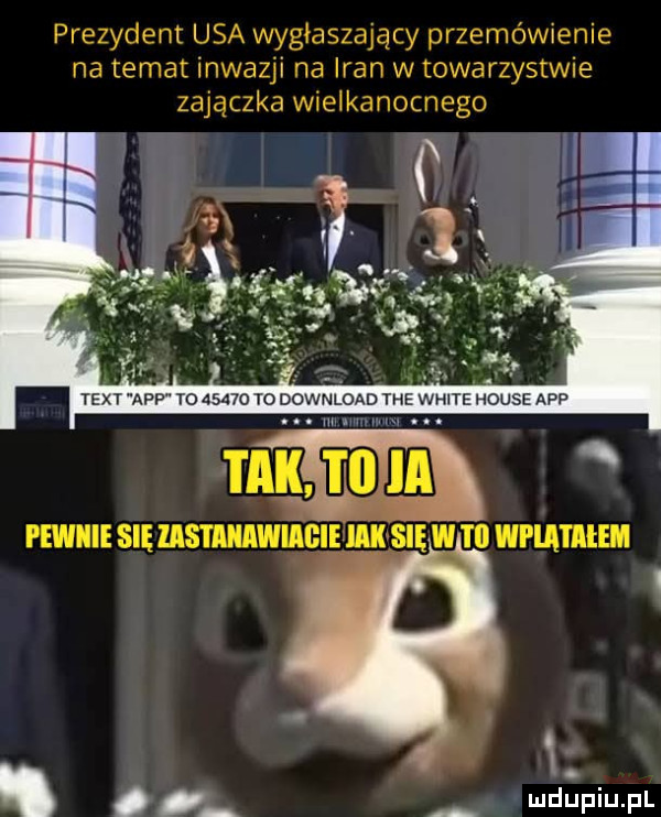 prezydent usa wygłaszający przemówienie na temat inwazji na iran w towarzystwie zajączka wielkanocnego o. wdupiu pl