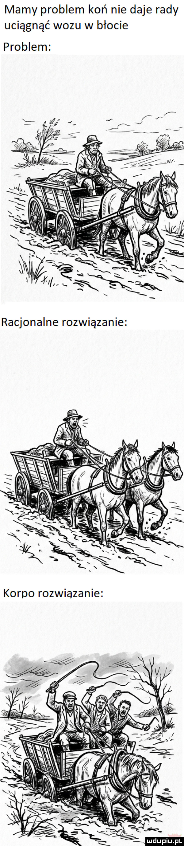 mamy problem koń nie daje rady uciągnąć wozu w błocie problem racjonalne rozwiązanie