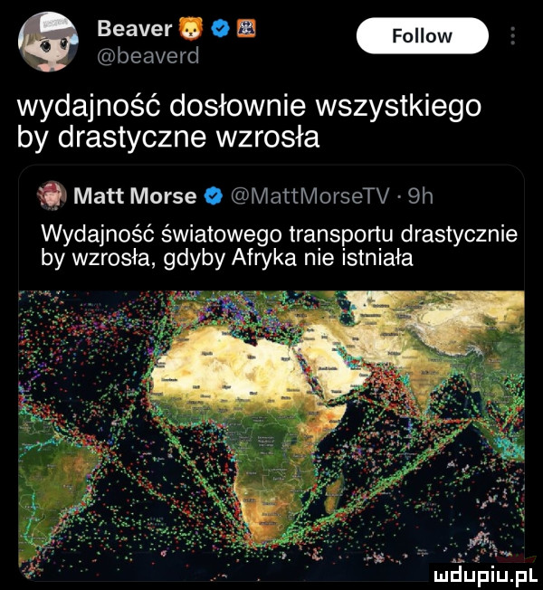 beaver   fellow beaverd wydajność dosłownie wszystkiego by drastyczne wzrosła   matt morse o mattmorsetv  h wydajność światowego transportu drastycznie by wzrosła gdyby afryka nie istniała i. mru piupl
