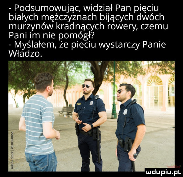 podsumowując widział pan pięciu białych mężczyznach bijących dwóch murzynów kradnących rowery czemu pani im nie pomógł myślałem że pięciu wystarczy panie władzo