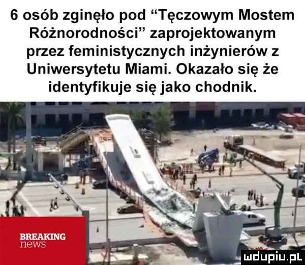 osób zginęło pod tęczowym mostem różnorodności zaprojektowanym przez feministycznych inżynierów z uniwersytetu miami. okazało się że identyfikuje się jako chodnik