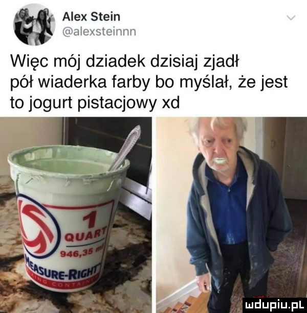 alex stein ﬁa exslcnmn więc mój dziadek dzisiaj zjadł pół wiaderka farby bo myślał że jest to jogurt pistacjowy xd