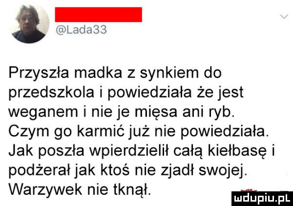 lada   przyszła madka z synkiem do przedszkola i powiedziała że jest wegabem i nie je mięsa ani ryb. czym go karmić już nie powiedziała. jak poszła wpierdzielił całą kiełbasę i podżerałjak ktoś nie zjadł swojej warzywek nie tknął