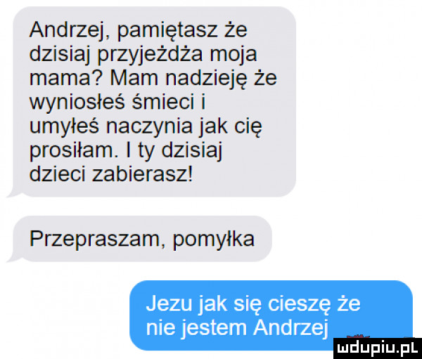 andrzej pamiętasz że dzisiaj przyjeżdża moja mama mam nadzieję że wyniosłeś śmieci i umyłeś naczynia jak cię prosiłam. i ty dzisiaj dzieci zabierasz przepraszam pomyłka jezu jak się cieszę że nie jestem andrzej