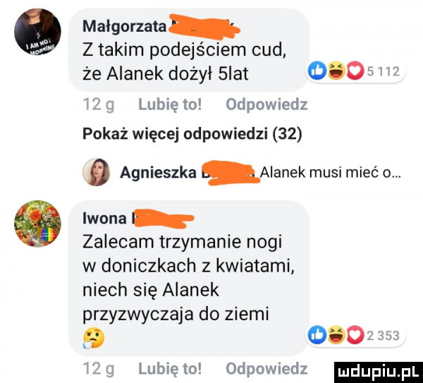 małgorzata z takim podejściem cud że acanek dożył scat      w w   i lubię to odpowiedz pokaż więcej odpowiedzi    a agnieszka acanek musi mieć om iwona zalecam trzymanie nogi w doniczkach z kwiatami niech się acanek przyzwyczaja do ziemi         idg lunięto odpowiedz