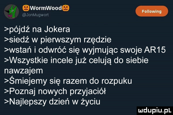 v   wormwoon pójdź na jokera siedź w pierwszym rzędzie wstań i odwróć się wyjmując swoje ar   wszystkie incele już celują do siebie nawzajem śmiejemy się razem do rozpuku poznaj nowych przyjaciół najlepszy dzień w życiu