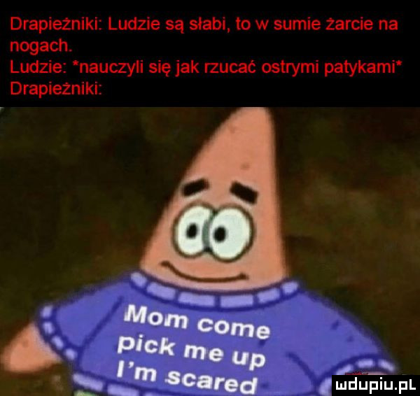 drapieżniki ludzie są słabi to w sumie zarcie na nogach. ludzie nauczyli się jak rzucać ostrymi patykami drapieżniki. abakankami tm mo mm. i md l mniaaam