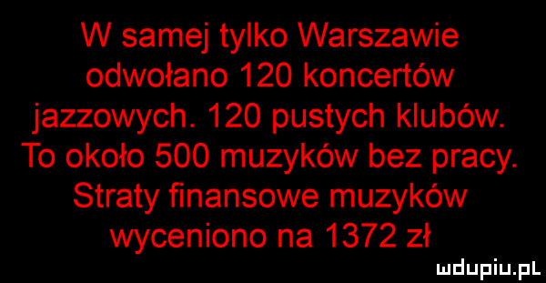 w samej tylko warszawie odwołano     koncertów jazzowych.     pustych klubów. to około     muzyków bez pracy. straty finansowe muzyków wyceniono na      zł