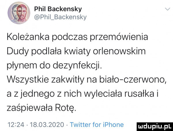 phil backensky. philbackensky koleżanka podczas przemówienia dudy podlała kwiaty orlenowskim płynem do dezynfekcji. wszystkie zakwitły na biało czerwono a z jednego z nich wyleciała rusałka i zaśpiewała rotę                  twitter for iphone