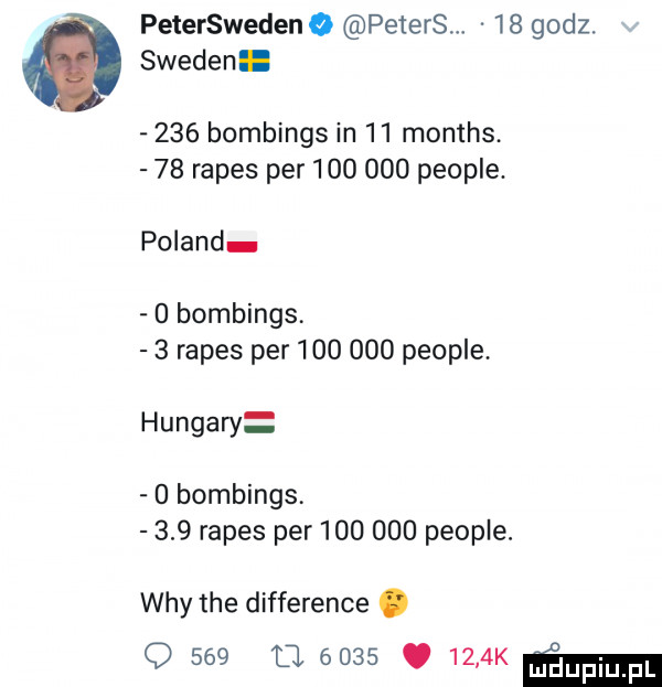 peterswedeno peters    godz. sweden     bombings in    months    rapes per         people. poland   bombings   rapes per         people. hangary   bombings     rapes per         people. wdy tee difference. q     u     .     k ma