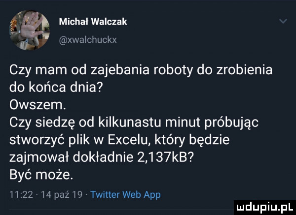 micha walczak i mxwaicnuckx czy mam od zajebania roboty do zrobienia do końca dnia owszem. czy siedzę od kilkunastu minut próbując stworzyć plik w excelu kłów będzie zajmował dokładnie      kb być może. h    m paz   timer web aap