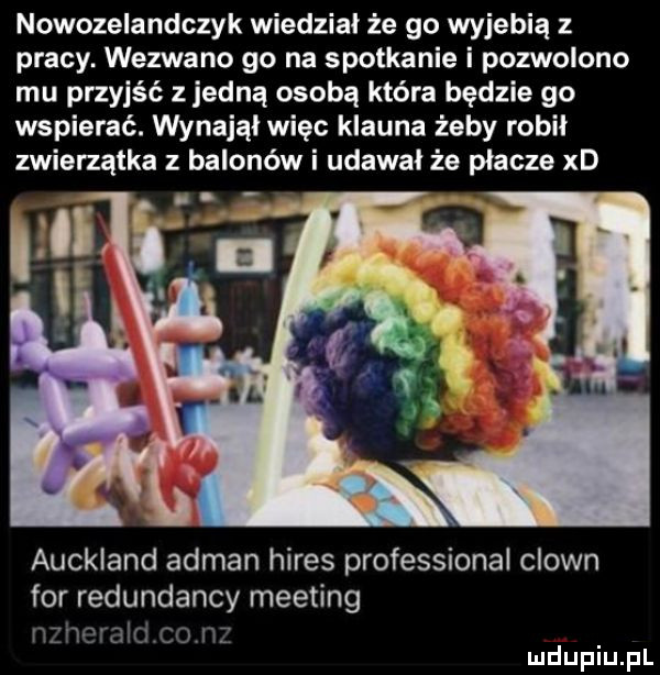 nowozelandczyk wiedział że go wyjebia z pracy. wezwano go na spotkanie i pozwolono mu przyjść z jedną osobą która będzie go wspierać. wynająl więc klauna żeby robil zwierzątka z balonów i udawal że placze xd auckland amman hires professional clown for redundancy meeting nmeralci co n mduplu pl