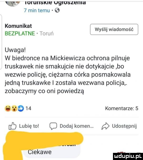 wy lorunsme ugmszenla   min emu komunikat l. abakankami. wyslij wiadomosc bezpłatne torun uwaga w biedronce na mickiewicza ochrona pilnuje truskawek nie smakujcie nie dotykajcie bo wezwie policję ciężarna córka posmakowala jedną truskawke i została wezwana policja. zobaczymy co oni powiedzą o    komentarze   db lunięto c dodaj kamen. udostępnij ekawe