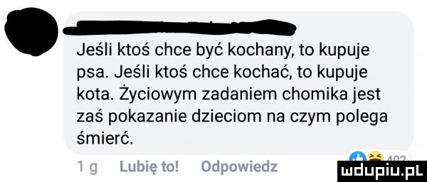 jeśli ktoś chce być kochany to kupuje psa. jeśli ktoś chce kochać to kupuje kota. życiowym zadaniem chomika jest zaś pokazanie dzieciom na czym polega śmierć