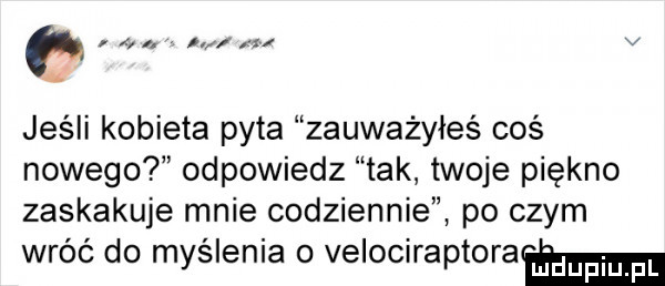 h w. v jeśli kobieta pyta zauważyłeś coś nowego odpowiedz tak twoje piękno zaskakuje mnie codziennie po czym wróć do myślenia o velociraptoraw