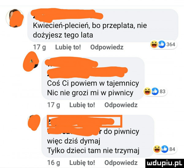 kwiecień plecień bo przeplata nie dożyjesz tego lata   g lubięlo odpowiedz      a cos ci powiem w tajemnicy nic nie grozi mi w piwnicy       g lunięto odpowiedz więc dziś dymaj tylko dzieci tam nie trzymaj         lubięlo odpowiedz