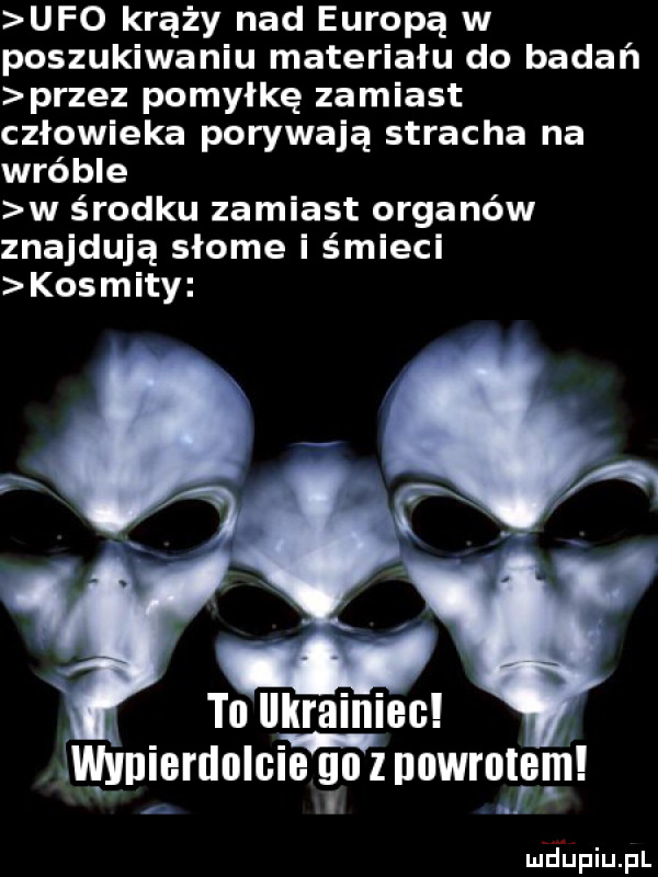 ufo krąży nad europą w poszukiwaniu materiału do badań przez pomyłkę zamiast człowieka porywają stracha na wróble w środku zamiast organów znajdują słoce i śmieci kosmity to ukrainiec iwyuierancie ilu z uowrntfłn meupiupl